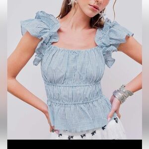 Pinstripe square neck ruffle strap top